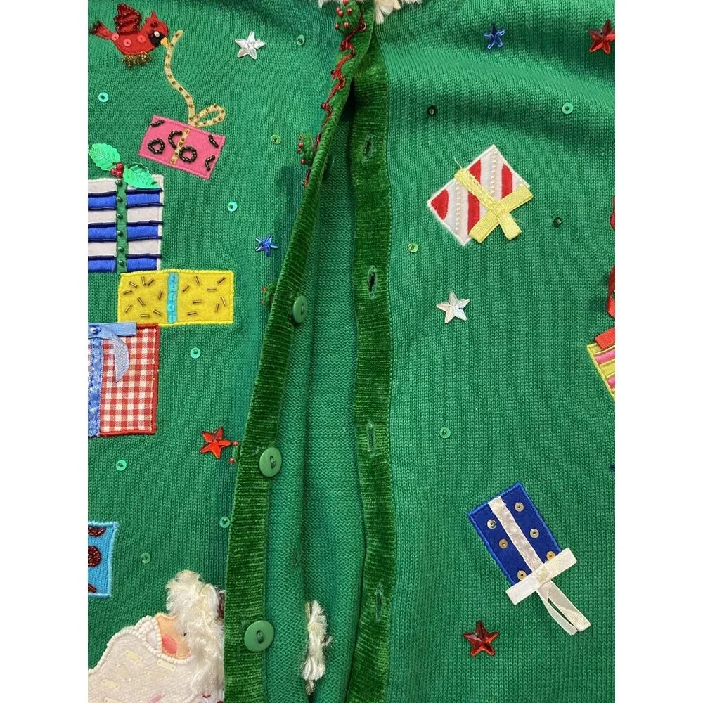 Berek Cardigan Sweater Womens Medium Green Santa Christmas Tree Beaded Ugly - Picture 6 of 11